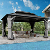 COVERONICS 12FT x 16FT Outdoor Hardtop Gazebo - Patio Cedar Wood Post Gazebo with Galvanized Steel Hardtop, Heavy-Duty Double Roof Pavilion with Netting & Curtains for Garden, Poolside, Deck, Backyard